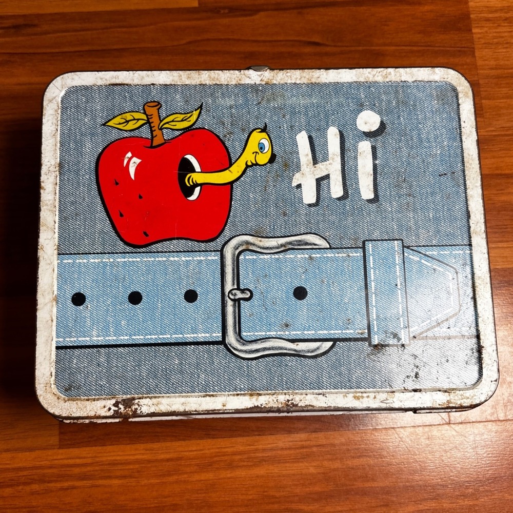 Vintage Metal Lunchbox Apple Worm Denim‎ Style Kids School Collectible